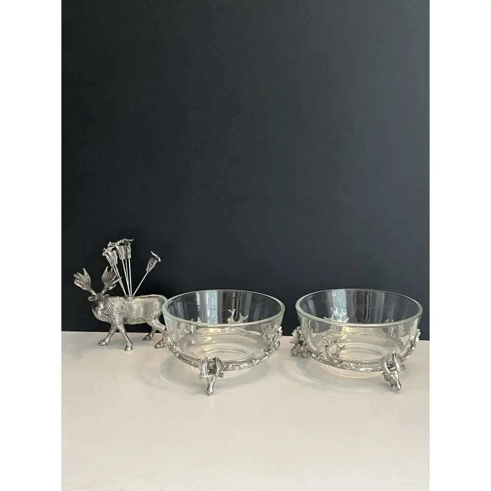 Stag Head Pewter Glass Bowl Cocktail Pick Holder & Picks 3pc Set Condiment Lodge